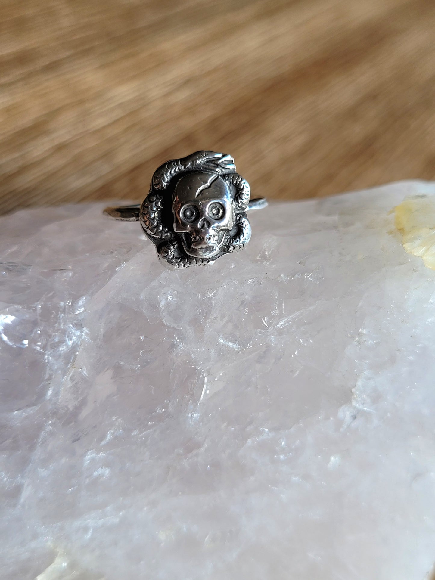 Dainty sterling skull and snake ring