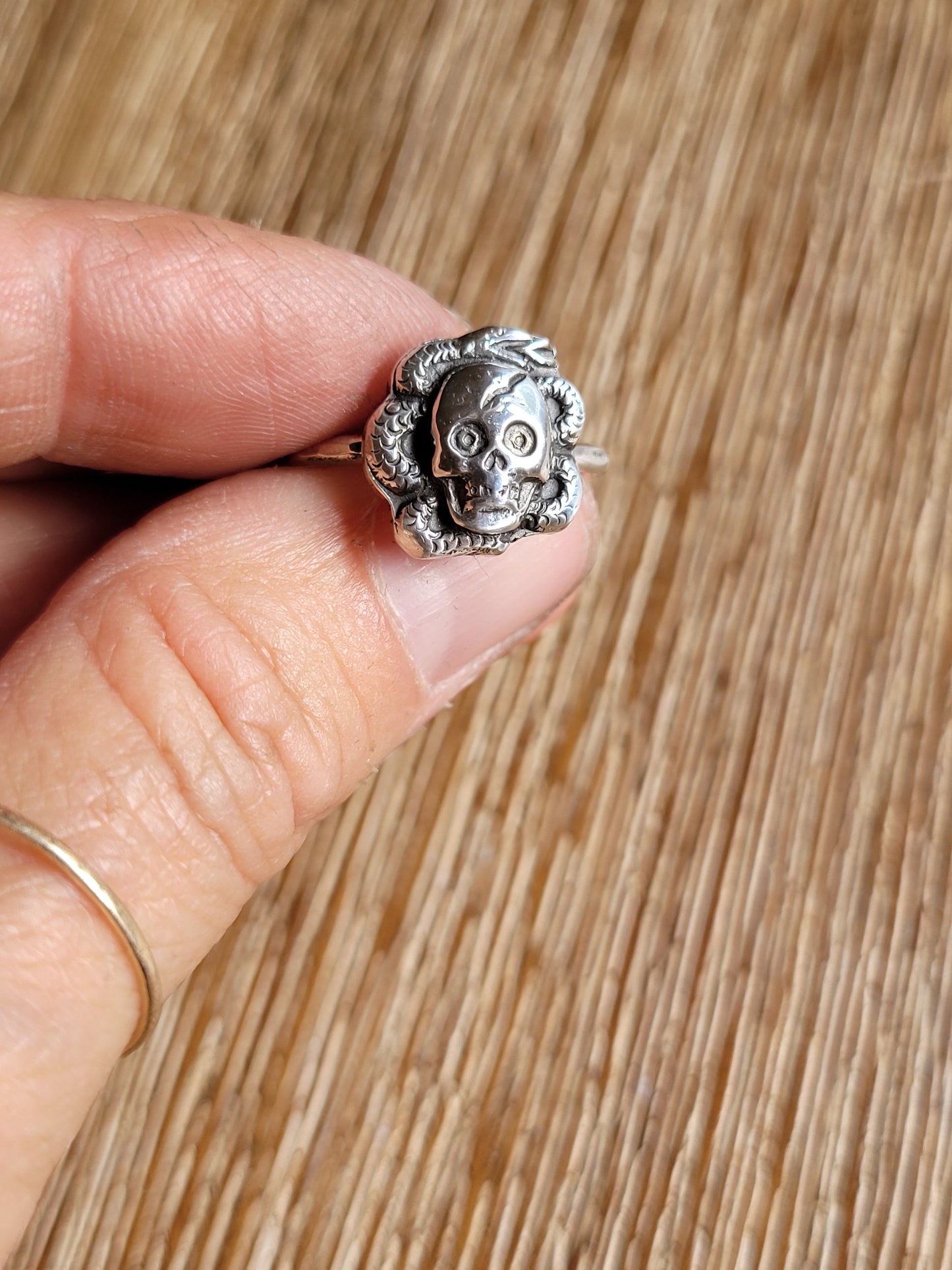 Dainty sterling skull and snake ring
