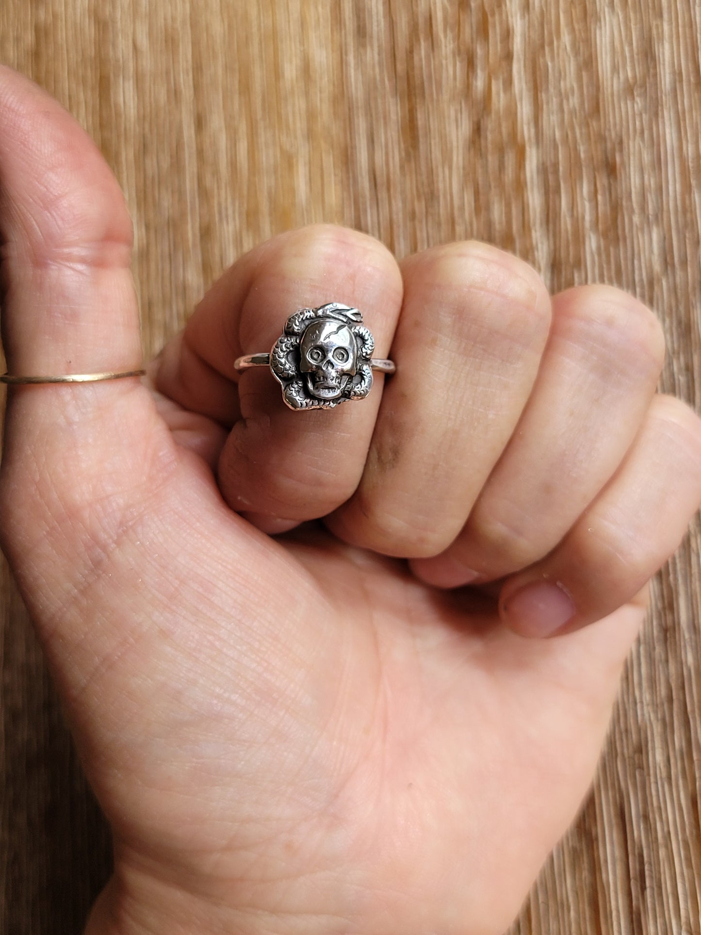 Dainty sterling skull and snake ring