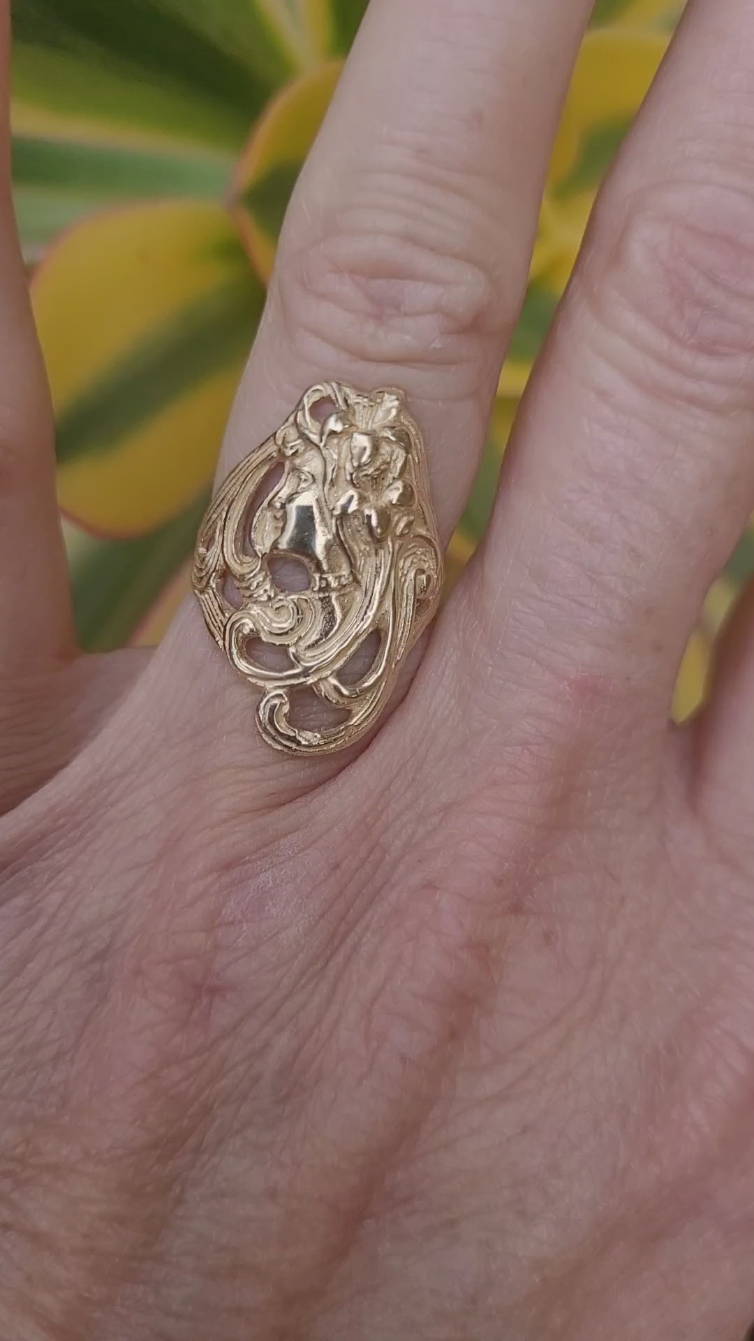 14k solid gold art nouveau woman ring. Also available in sterling silver