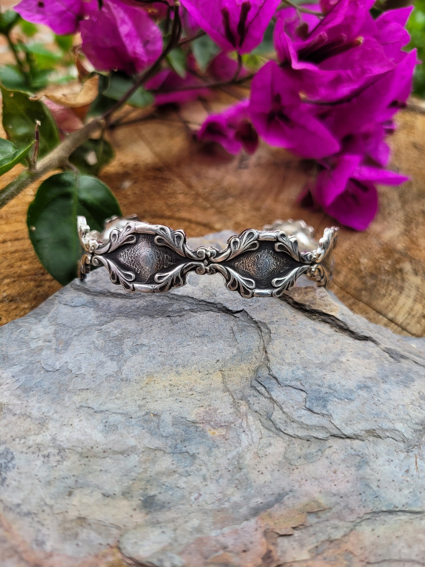 Dainty art nouveau sterling silver cuff bracelet