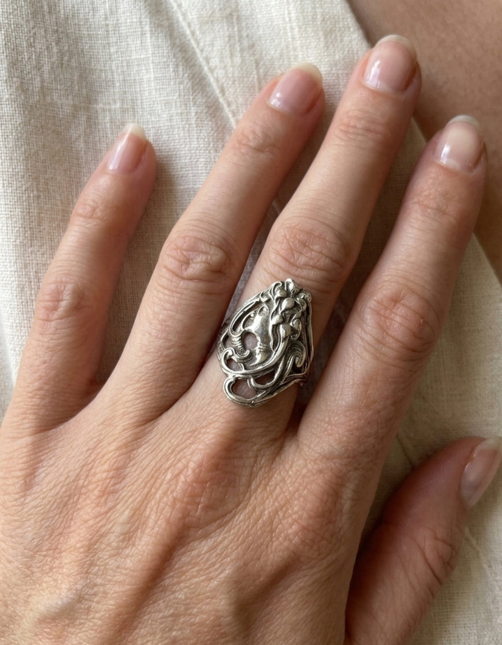 14k solid gold art nouveau woman ring. Also available in sterling silver