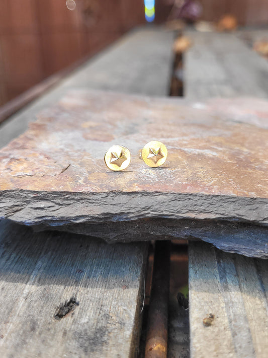 14k solid gold disc star stud earrings