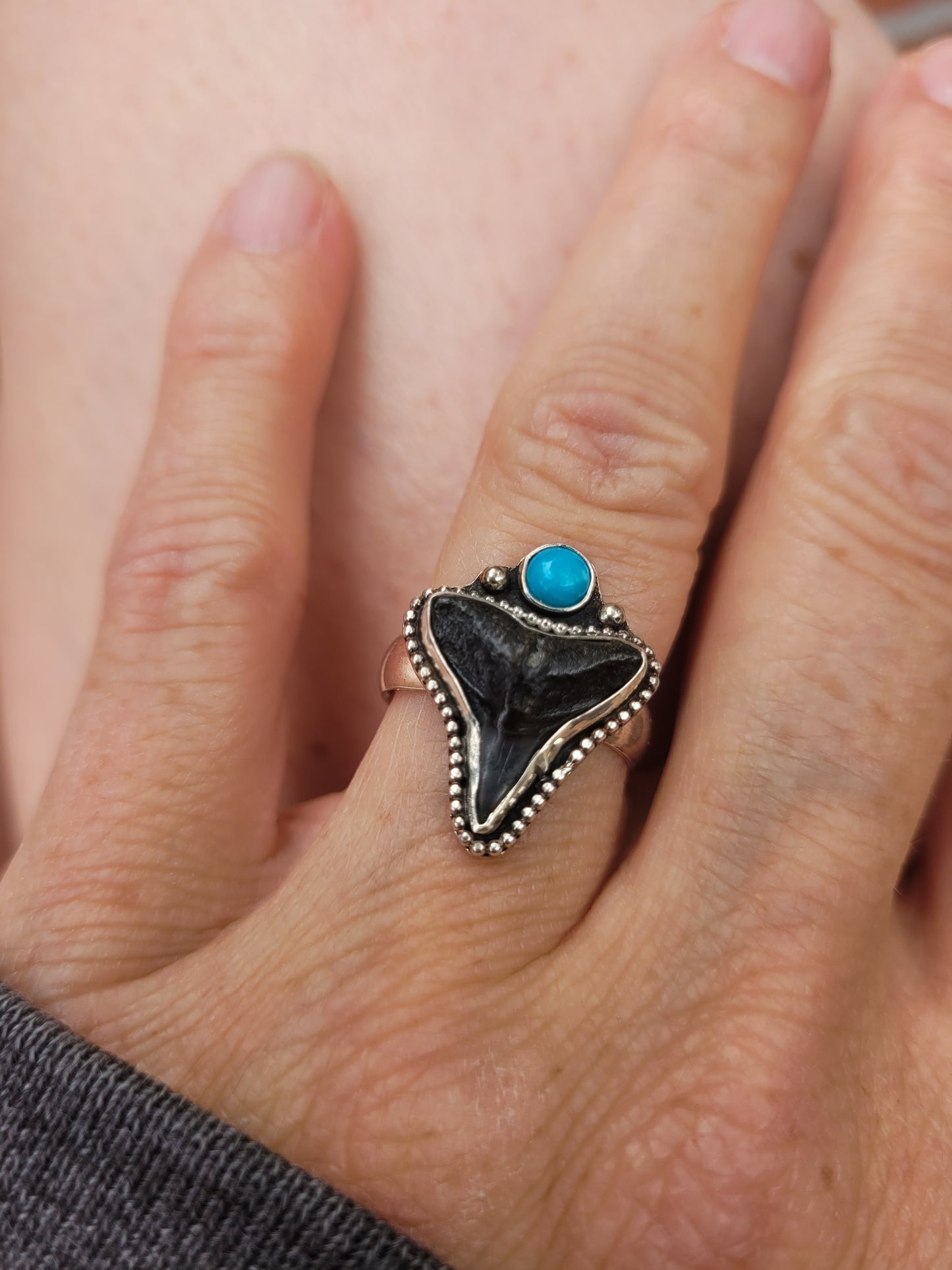 Bull shark tooth ring w/ Kingston turquoise