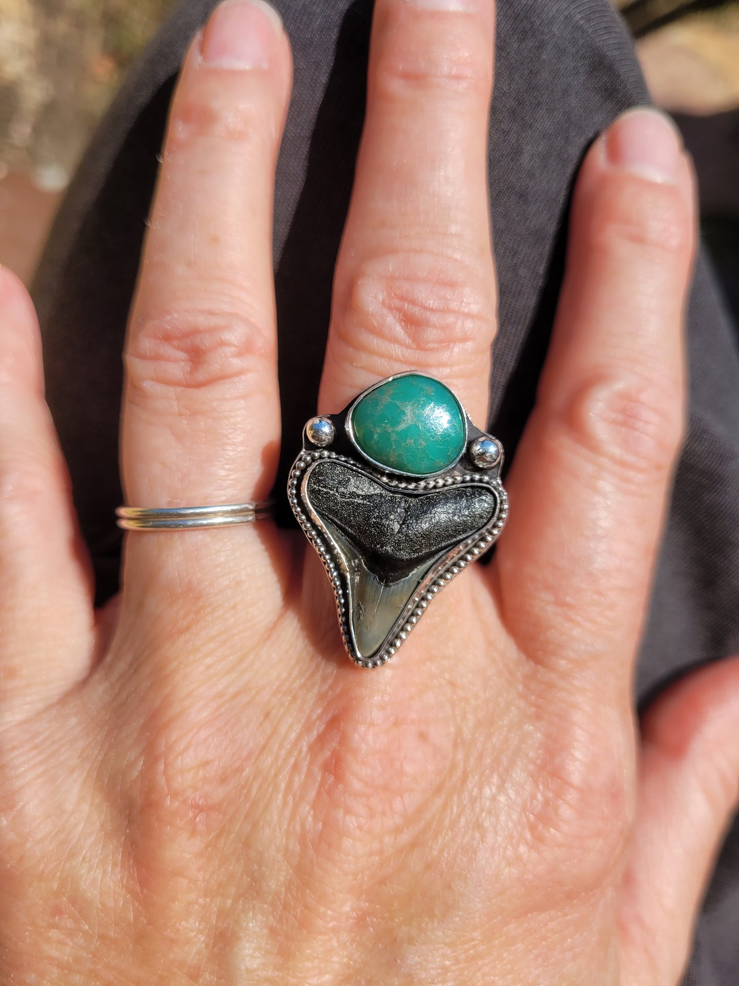 Adjustable shark tooth ring with turquoise