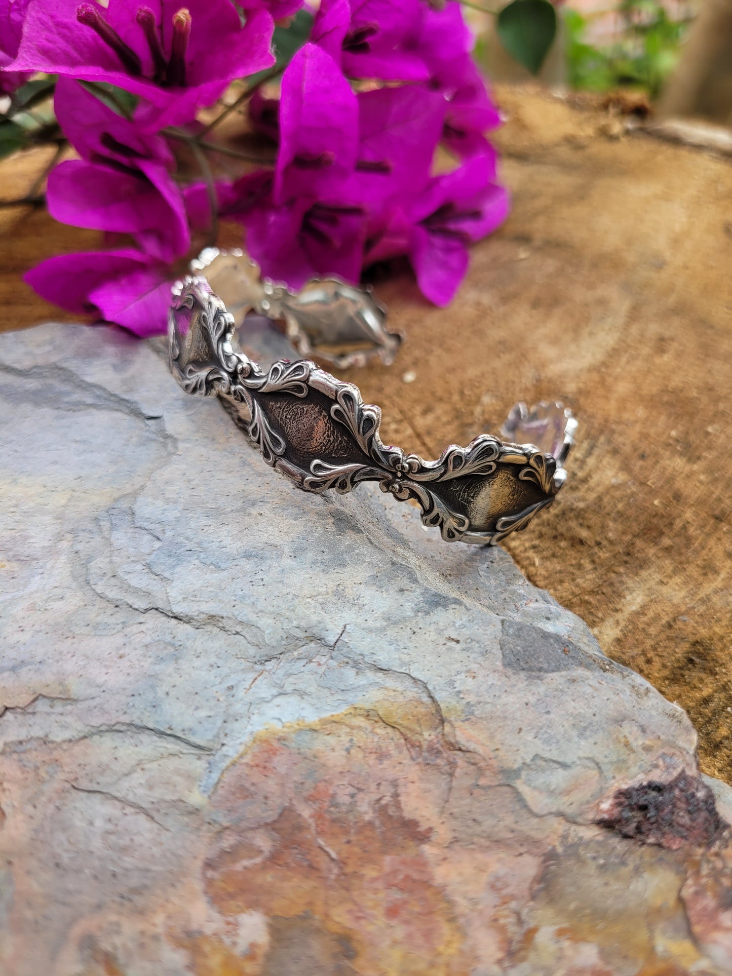 Dainty art nouveau sterling silver cuff bracelet